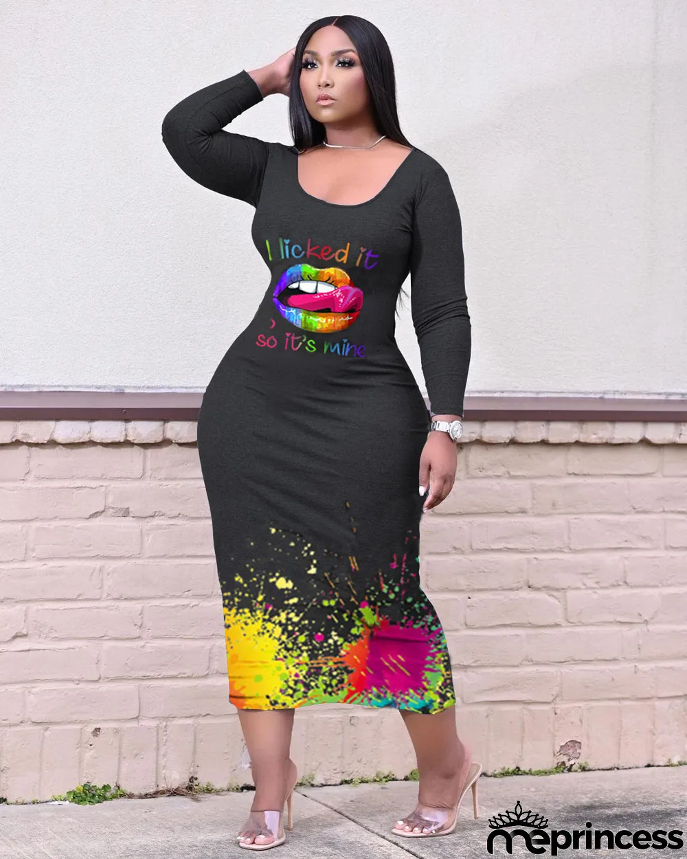 Plus Size Inkjet Lip Print Long Dress