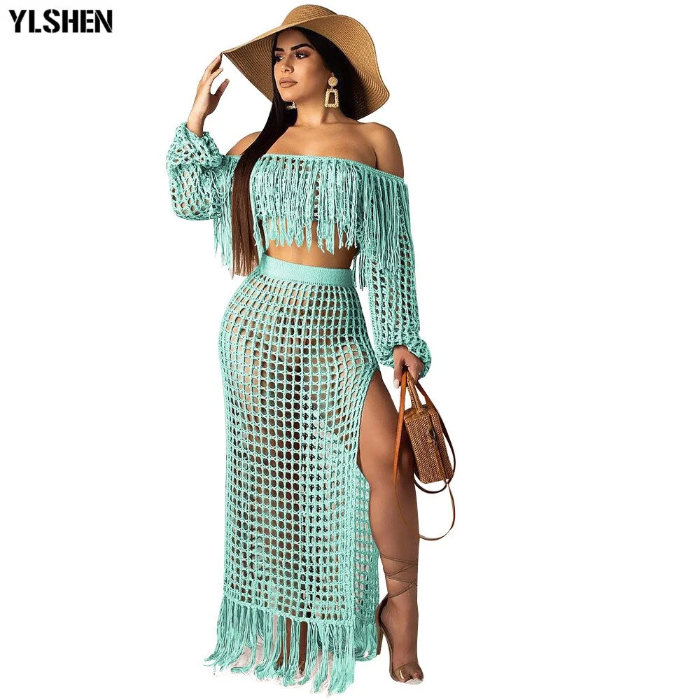 Cartoonh Two Piece Skirt Set Women Summer Beach Maxi Two Piece Suits Sexy Hollow Out Mesh Tassel Perspective Tops & Skirts Sets Outfits