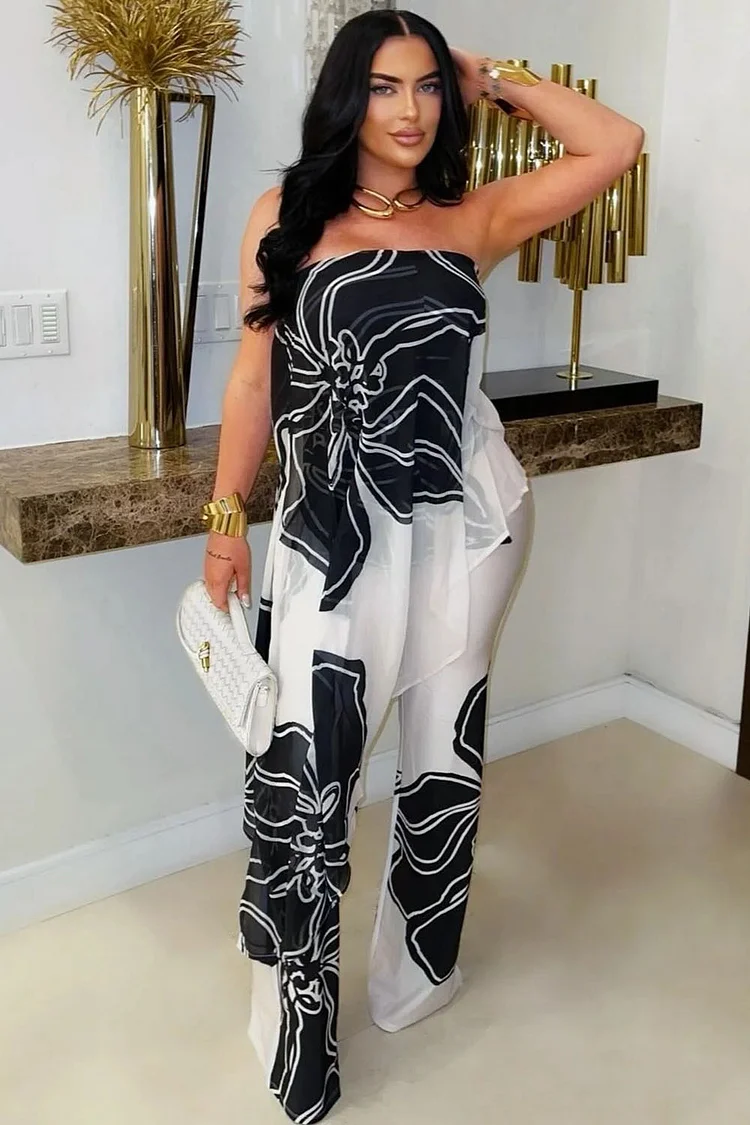 Floral Placement Print Tube Top Wide Leg Pants 2pcs Set-Black [Pre Order]