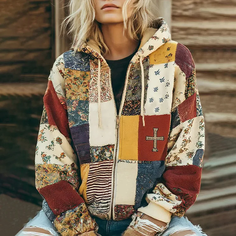 Women's Vintage Floral Cross Patchwork Cozy Warm Zipper Hoodie
