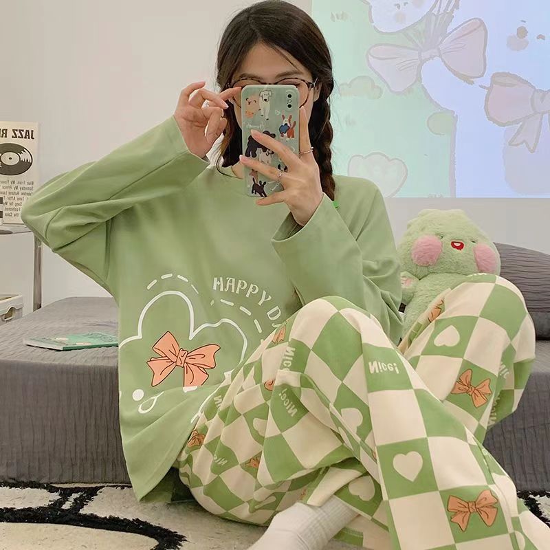 Xinkeke New Large Size Women's Pajama Of Casual Cartoon Spring And Autumn Ladies Pajamas Suit Cotton Long-sleeved Student Homewear Suit