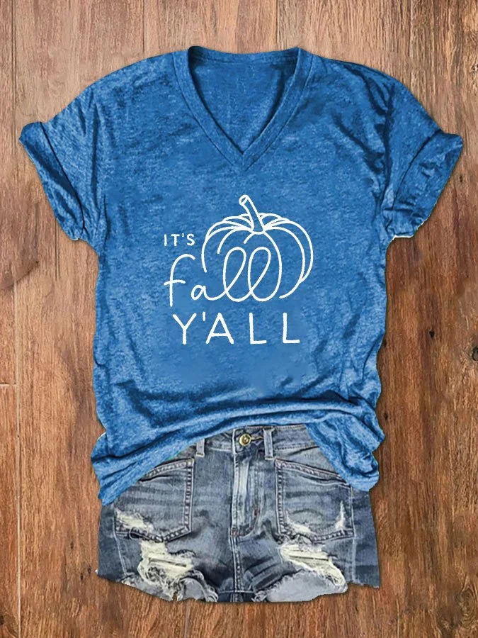 Women's It's Fall Y'all Print V-Neck T-Shirt