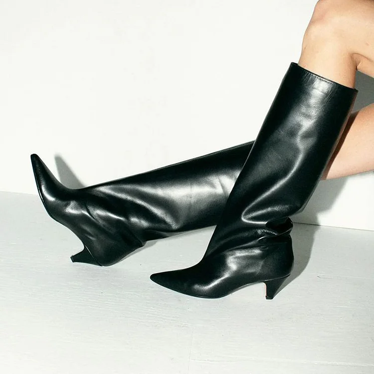 Black Pointed Toe Cone Heel Below The Knee Dress Boots Vdcoo