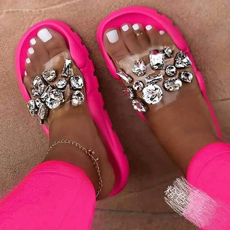 Women's large rhinestone clear one band slides candy color summer cute slides