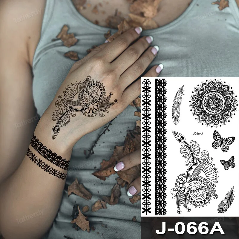 Sdrawing Temporary Tattoo Sticker Henna Mehndi Totem Flash Tatto Butterfly Flower Hand Fingers Body Art Arm Fake Tatoo Women