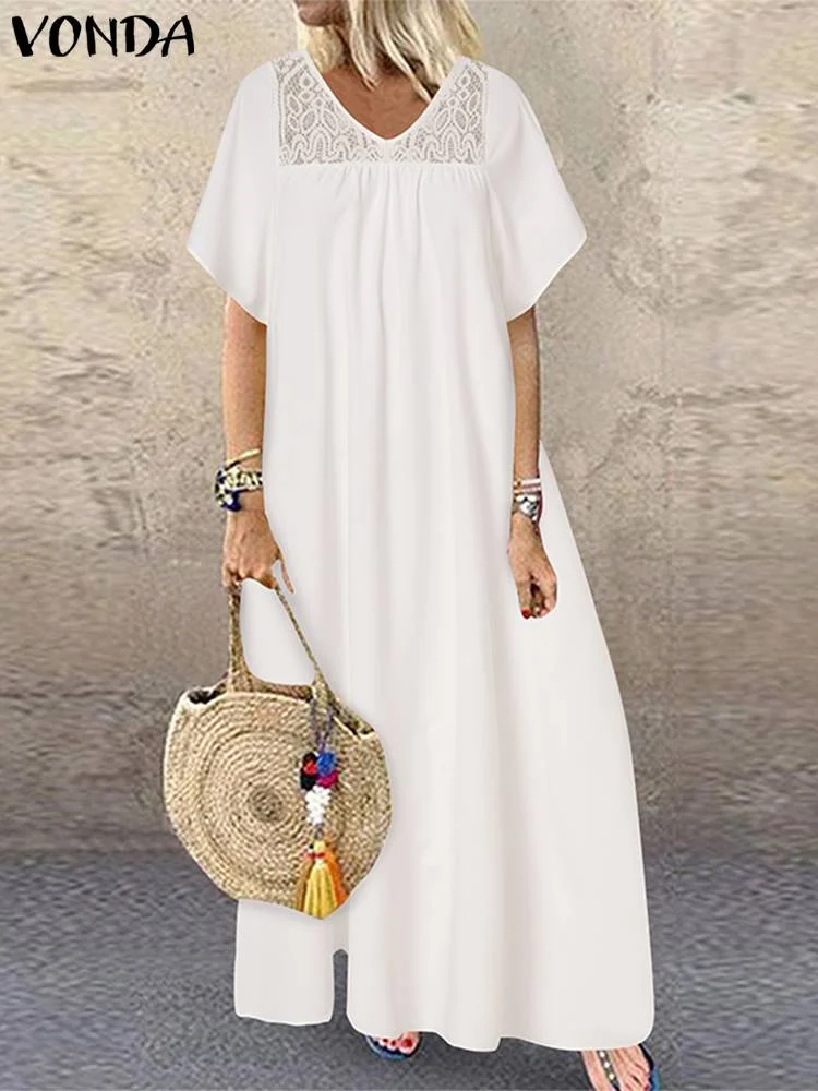 VONDA 2022 Women Fashion Casual Loose Sundress Bohemian Summer Retro Lace Patchwork Holiday Robe Half Sleeve V Neck Long Dress