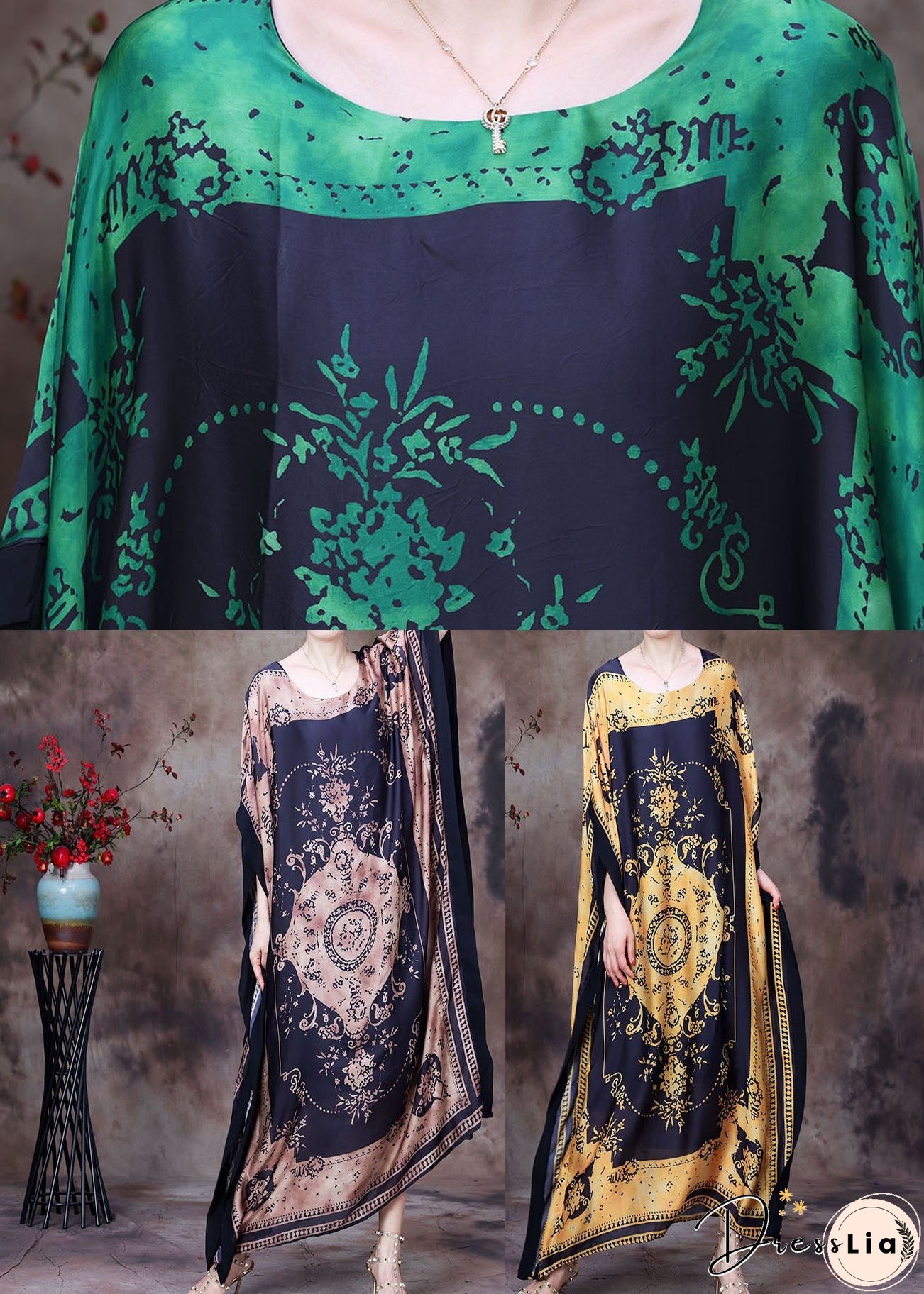 Loose Green O-Neck Asymmetrical Design Print Silk Beach Dress Gown Batwing Sleeve