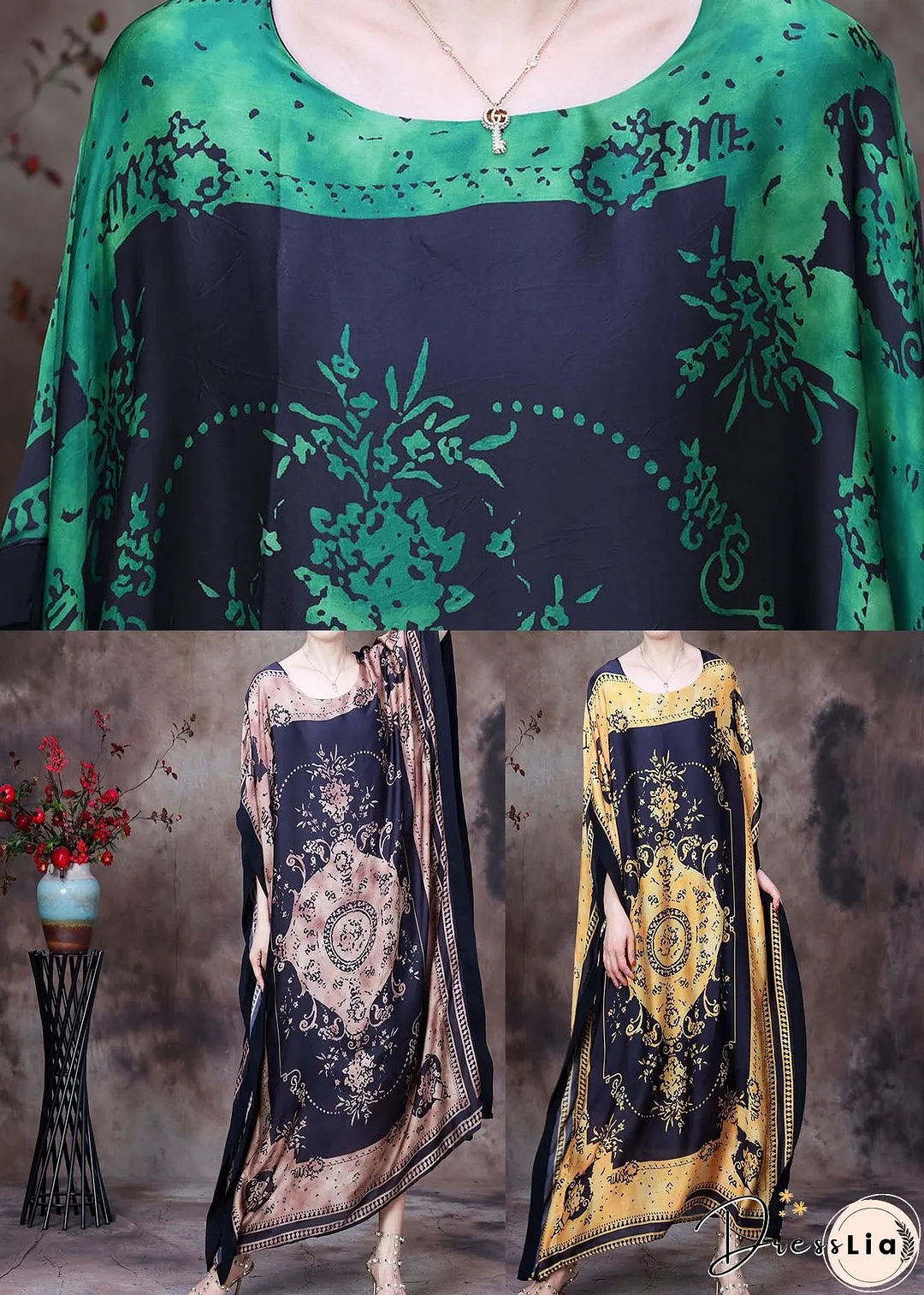 Loose Green O-Neck Asymmetrical Design Print Silk Beach Dress Gown Batwing Sleeve