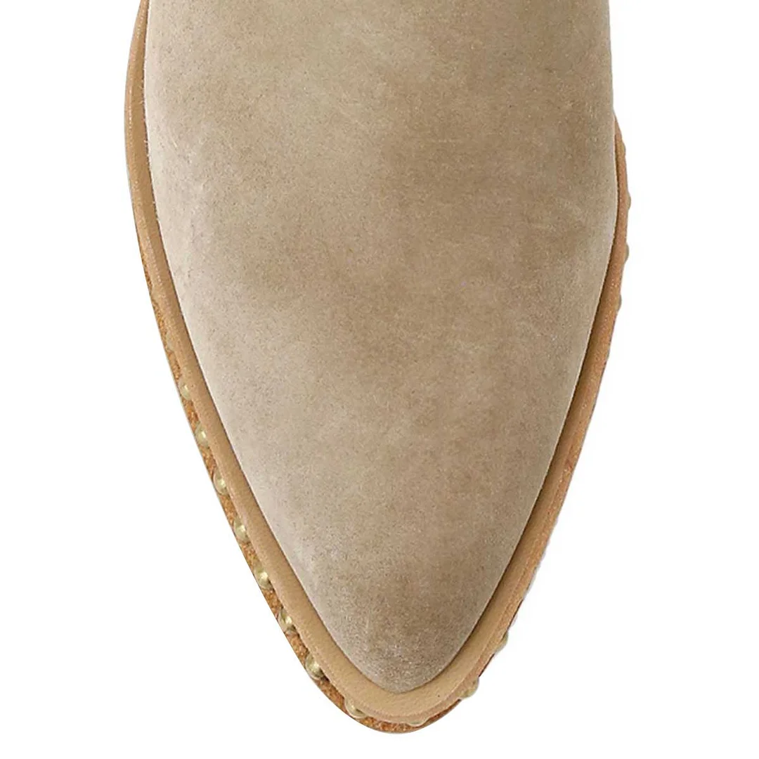 Beige Vegan Suede Studded Stacked Heel Buckle Short Boots for Women