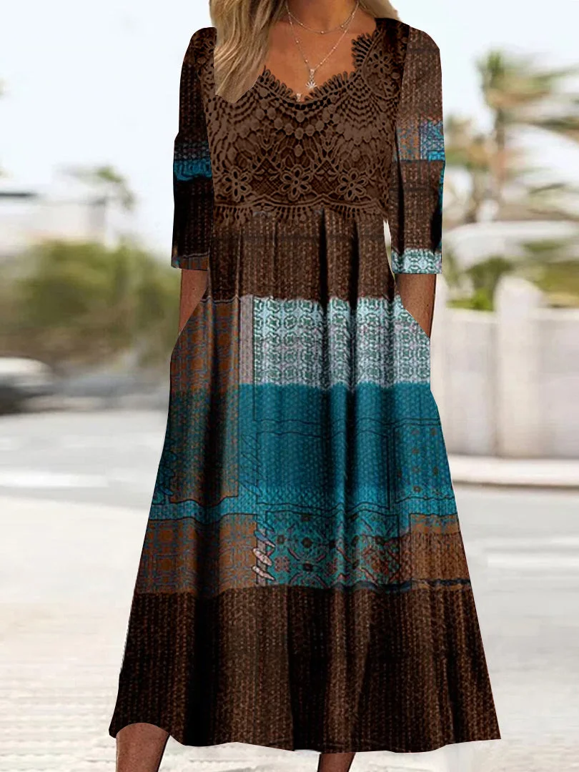 Women's Long Sleeve V-neck Graphic Printed Lace Stitching Midi Dress