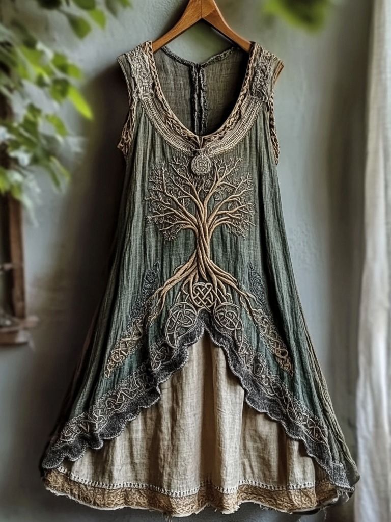 Tribal Viking Life Of Tree Celtic Knot Lace Art Linen Tank Dress wearshes