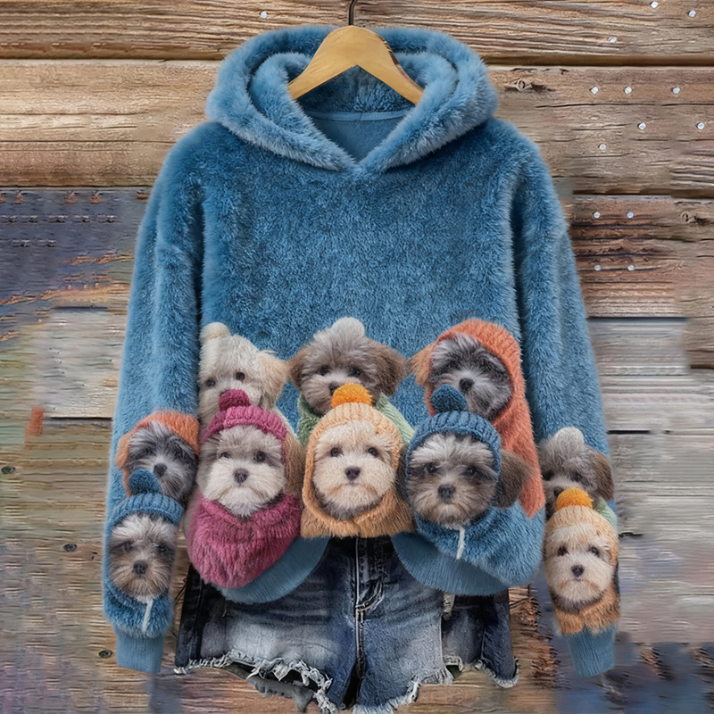Women's Cute Dog Pattern Cozy Plush Hoodie elevenforest