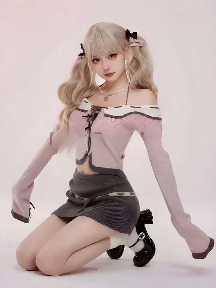 Brownm Corduroy Knitted Two Piece Set