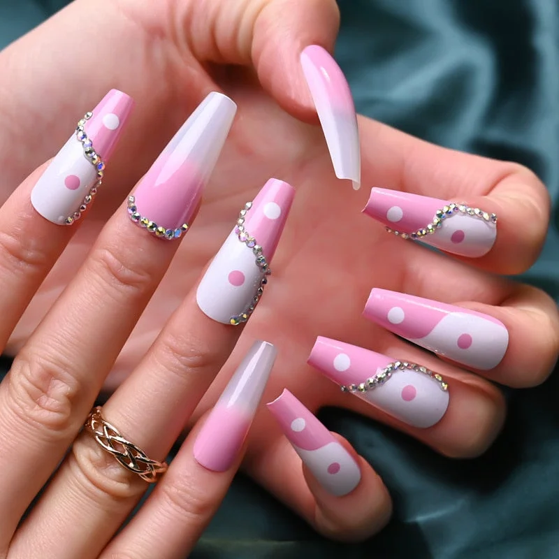 24pcs Fake Nails With Small Diamond Glue Type Long Paragraph Gradient Color Fashion Manicure Patch False Nails Press On Coffin D-Nail Inspo