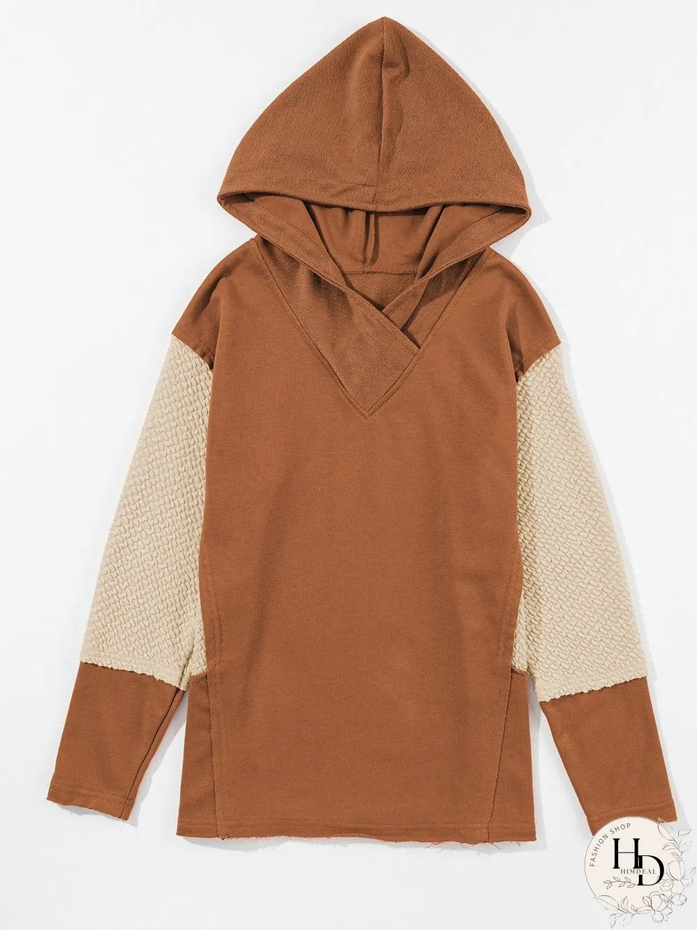 Chestnut Patchwork Colorblock Hoodie with Contrast Sleeves
