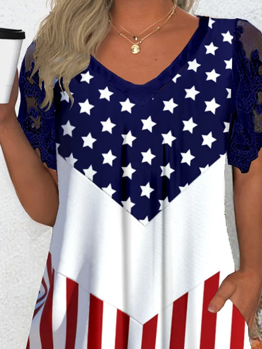 Women's Short Sleeve V-neck Graphic Lace Pockets Tops