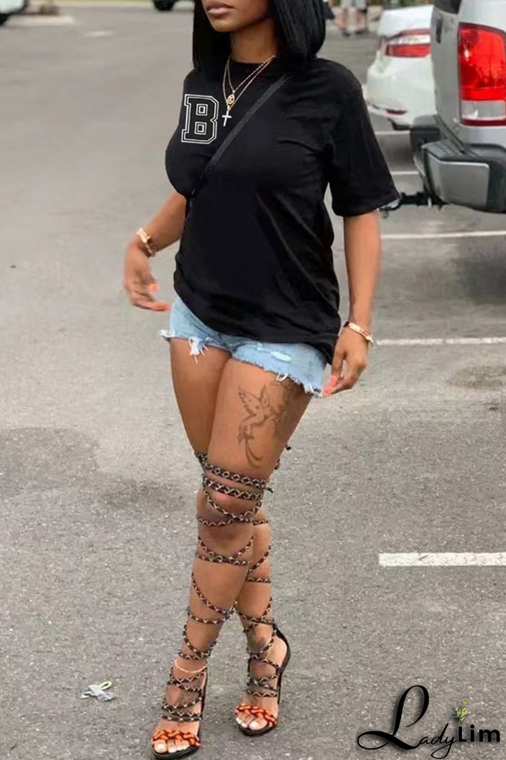 Tangerine Red Casual Print Patchwork O Neck T-Shirts