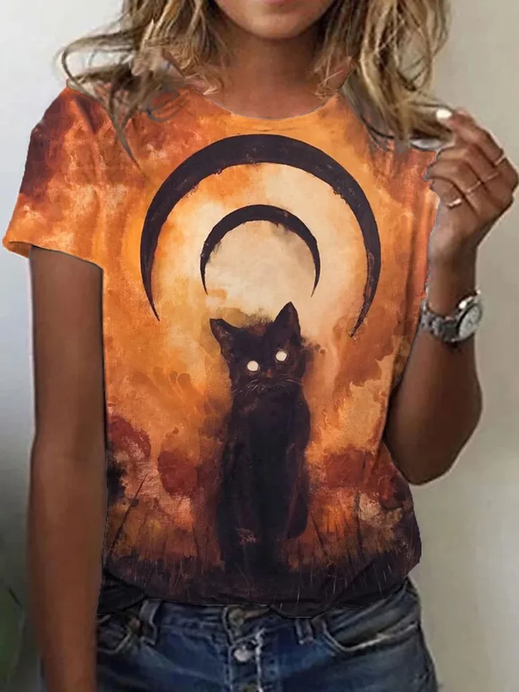 Comstylish Women's Halloween Black Cat Print T-Shirt