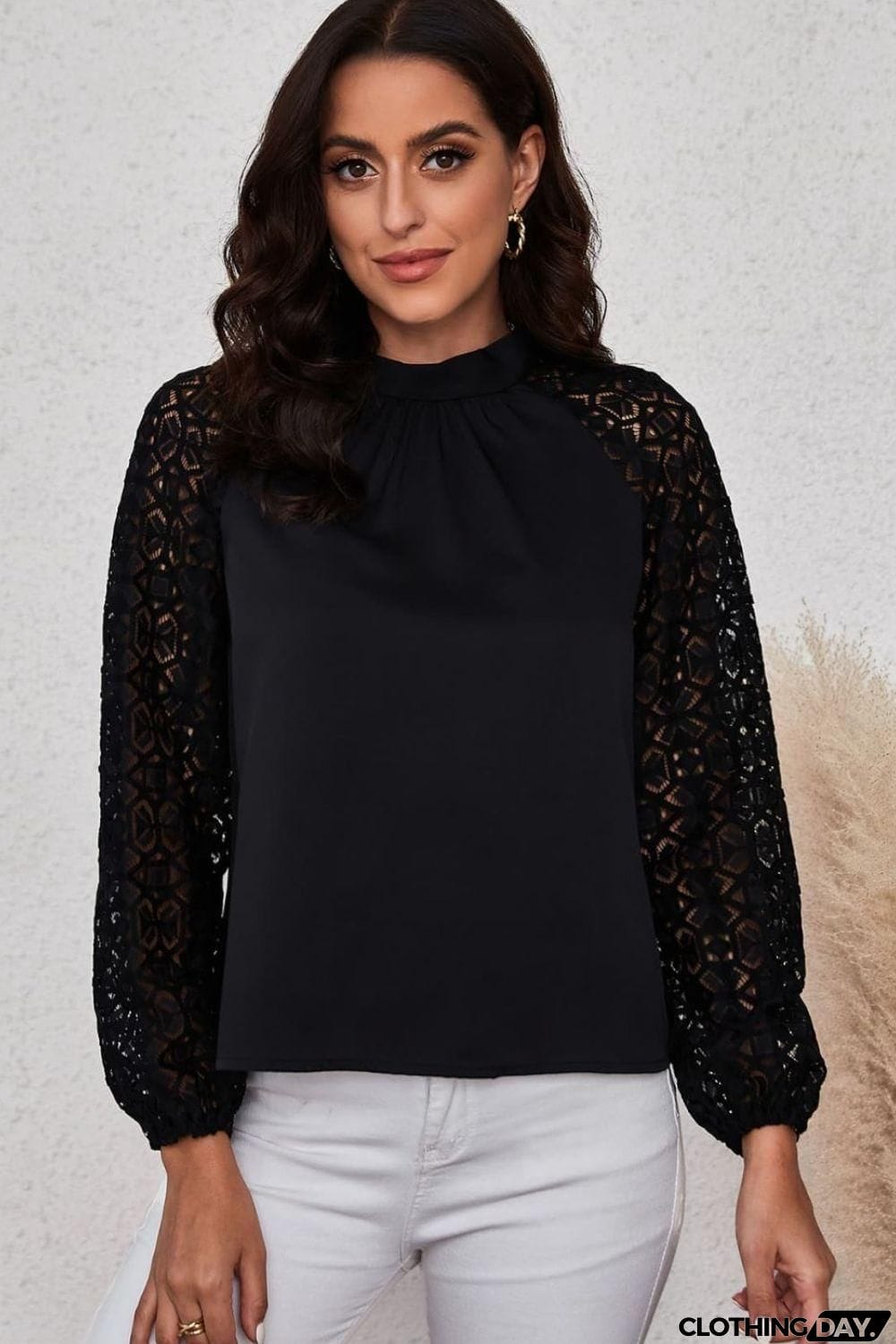 Lace Raglan Sleeve Gathered Detail Blouse