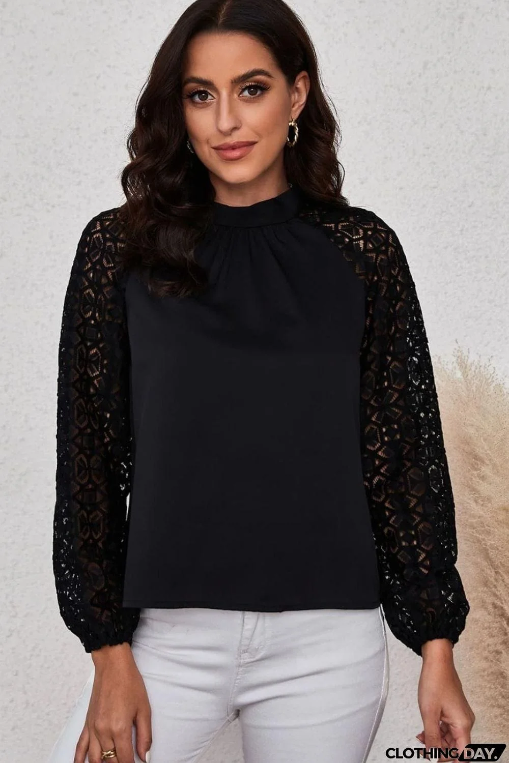 Lace Raglan Sleeve Gathered Detail Blouse