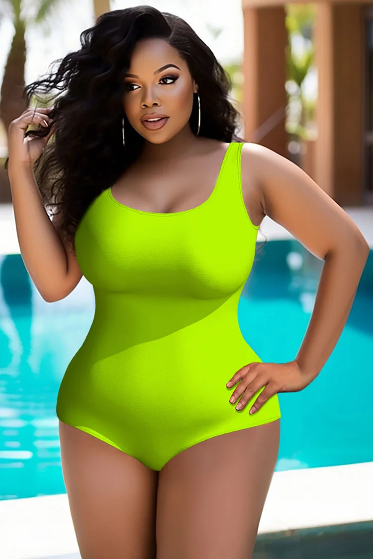 Xpluswear Design Plus Size Vacation Fluorescent Green U Neck One Piece Swimwear