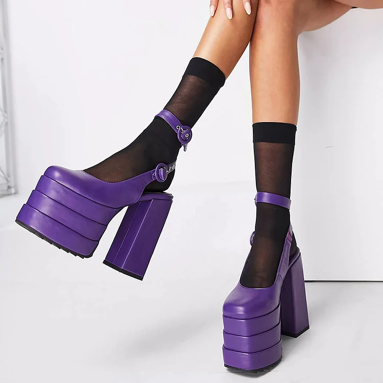 Purple Square Toe Chunky Heel Platform Ankle Strap Pumps Vdcoo