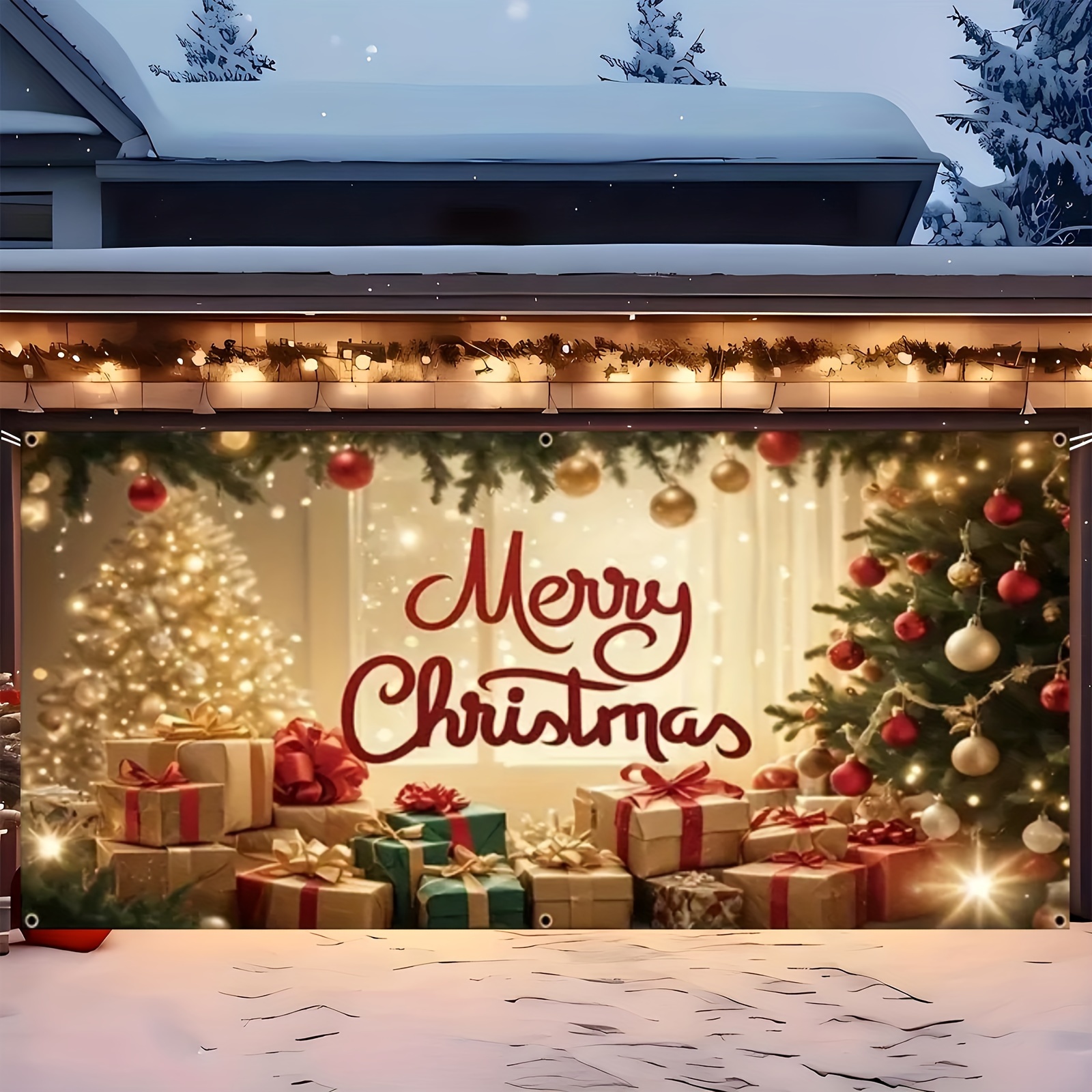 Tegooe Oversized Christmas Garage Door Banner Decoration with Festive Tree