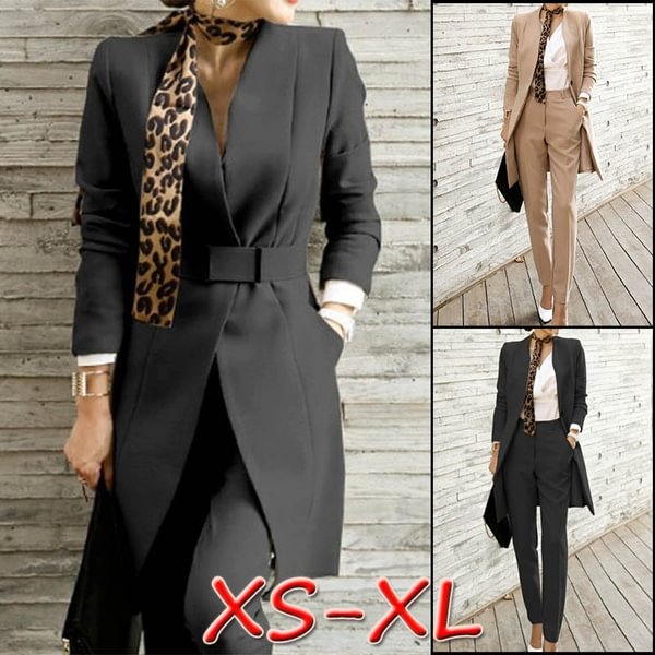 New Women 2 Piece Sets Coat+Pant+Sash Office Pant Outfit Suit Long Blazer Coat With Sashes Lady Straight Pant Female Workwear Suits - Shop Trendy Women's Fashion | TeeYours