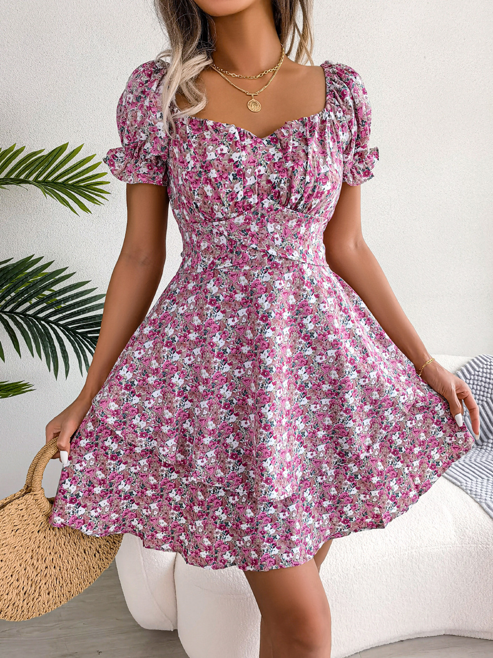 Mature Women Summer Elegant Floral Lace-up Waist-controlled Large Hem Dress