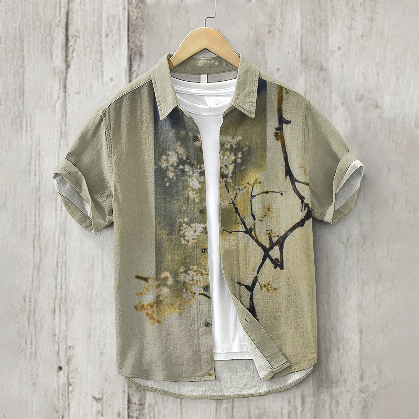 menweary Vintage Bamboo Floral Art Short Sleeve Linen Blend Shirt