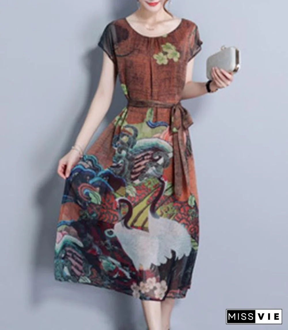 Women Vintage Printed Short Sleeve Mid-Long Dresses