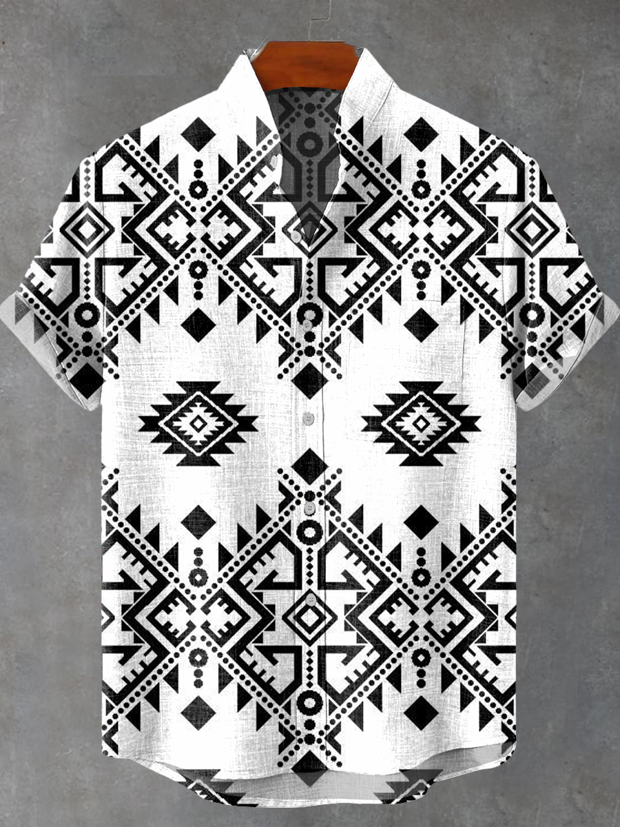 Vintage Abstract Ethnic Diamond Geometry Totem Art Print Casual 100% Cotton Shirt