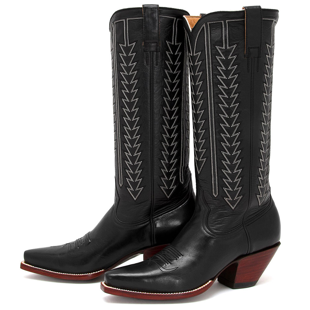 Black Snip Toe Knee-High Cowgirl Boots with White Stitching Design Nicepairs