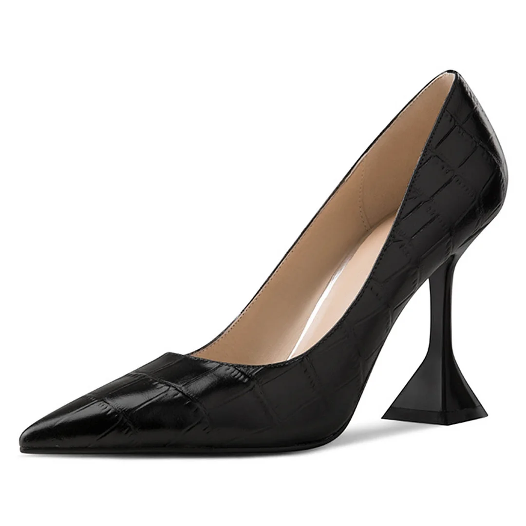 Black Crocodile Embossed Pointed Toe Flared Heel Pumps for Women