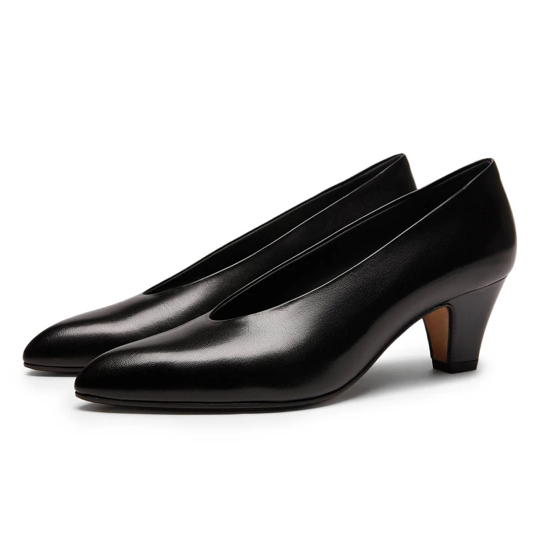 YDN Simple Chunky Heel Slip-On Pointed Toe Pumps Shoes in Black