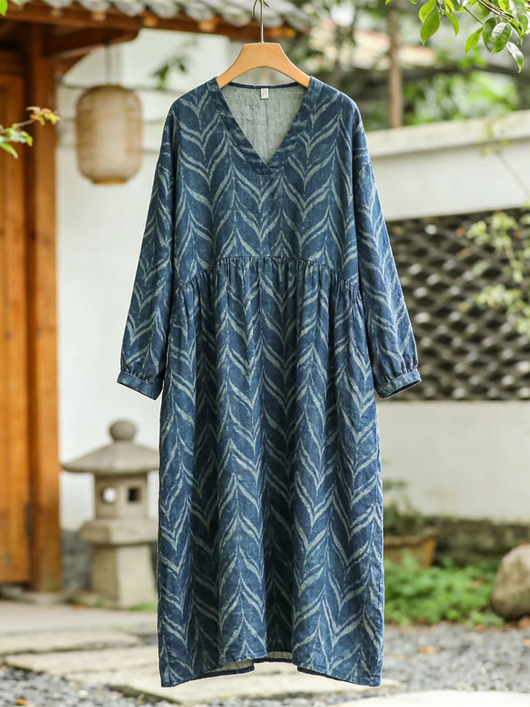 Comstylish Vintage Japanese Ocean Wave Pattern Women's Linen V-neck Maxi Dress