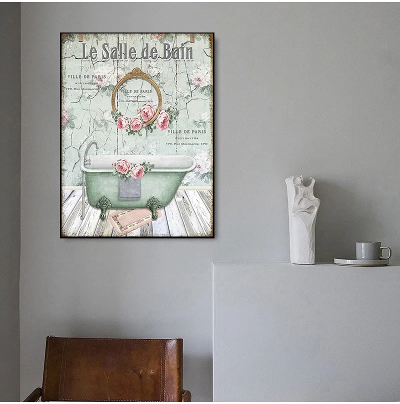 Vintage French Style Shabby Victorian Bathtub Canvas Prints , Watercolor Floral Bathroom Wall Art Painting Pictures Decoration