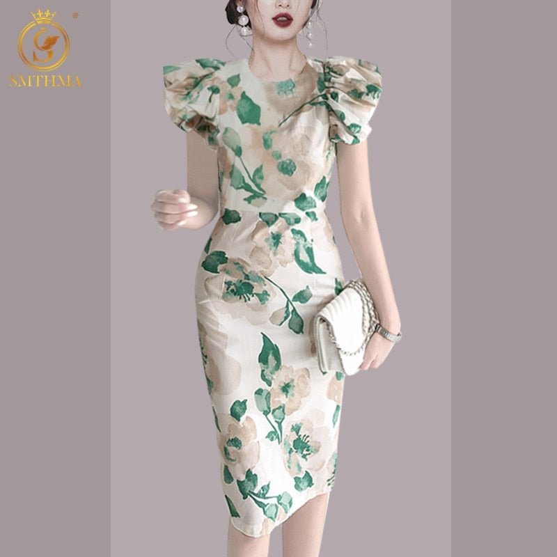 SMTHMA Ladies Summer Dress 2022 New Fashion Women Clothing Vintage Floral Print Knee-Length Dress Vestidos