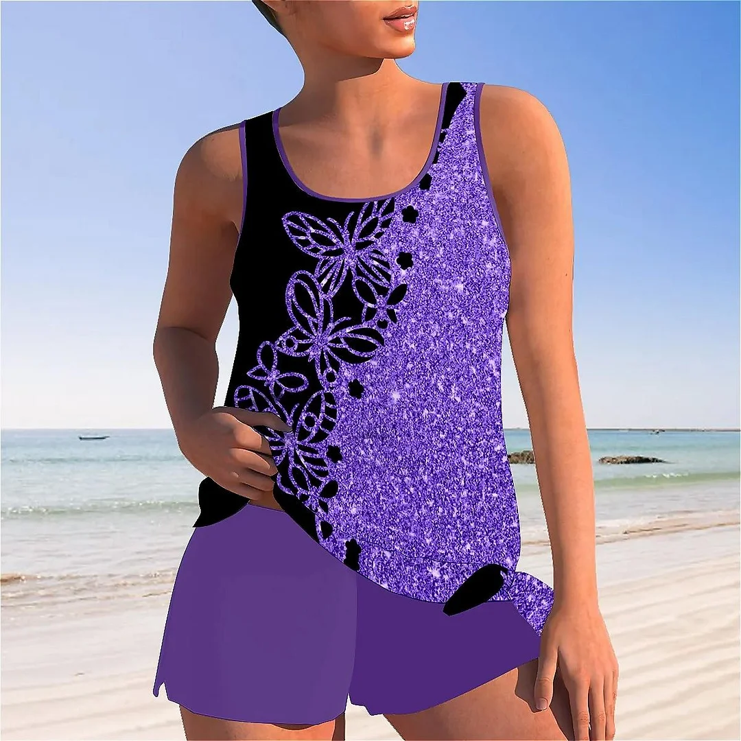 Bowknot Purple,Butterfly,Glitter Mid Waisted Tankini Set - Plus Size Available
