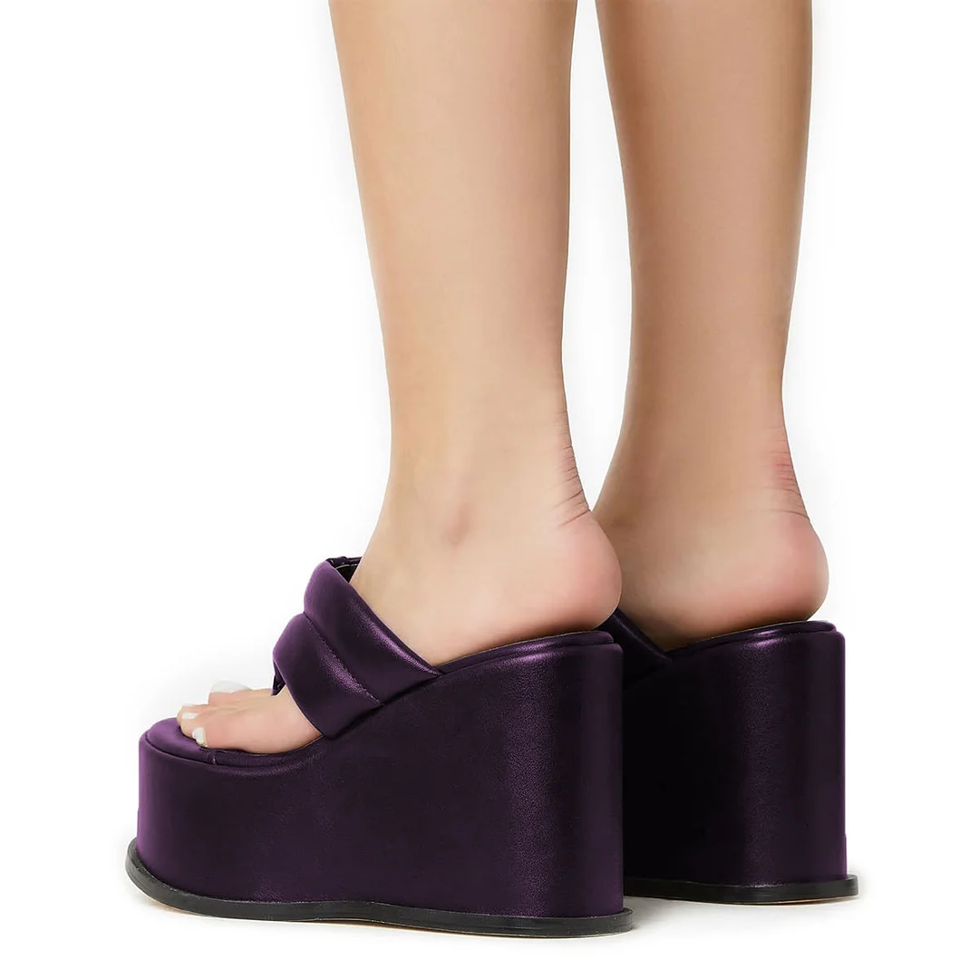 Vegan Leather Round Toe Platform Strappy Wedge Heel Mules in Purple 