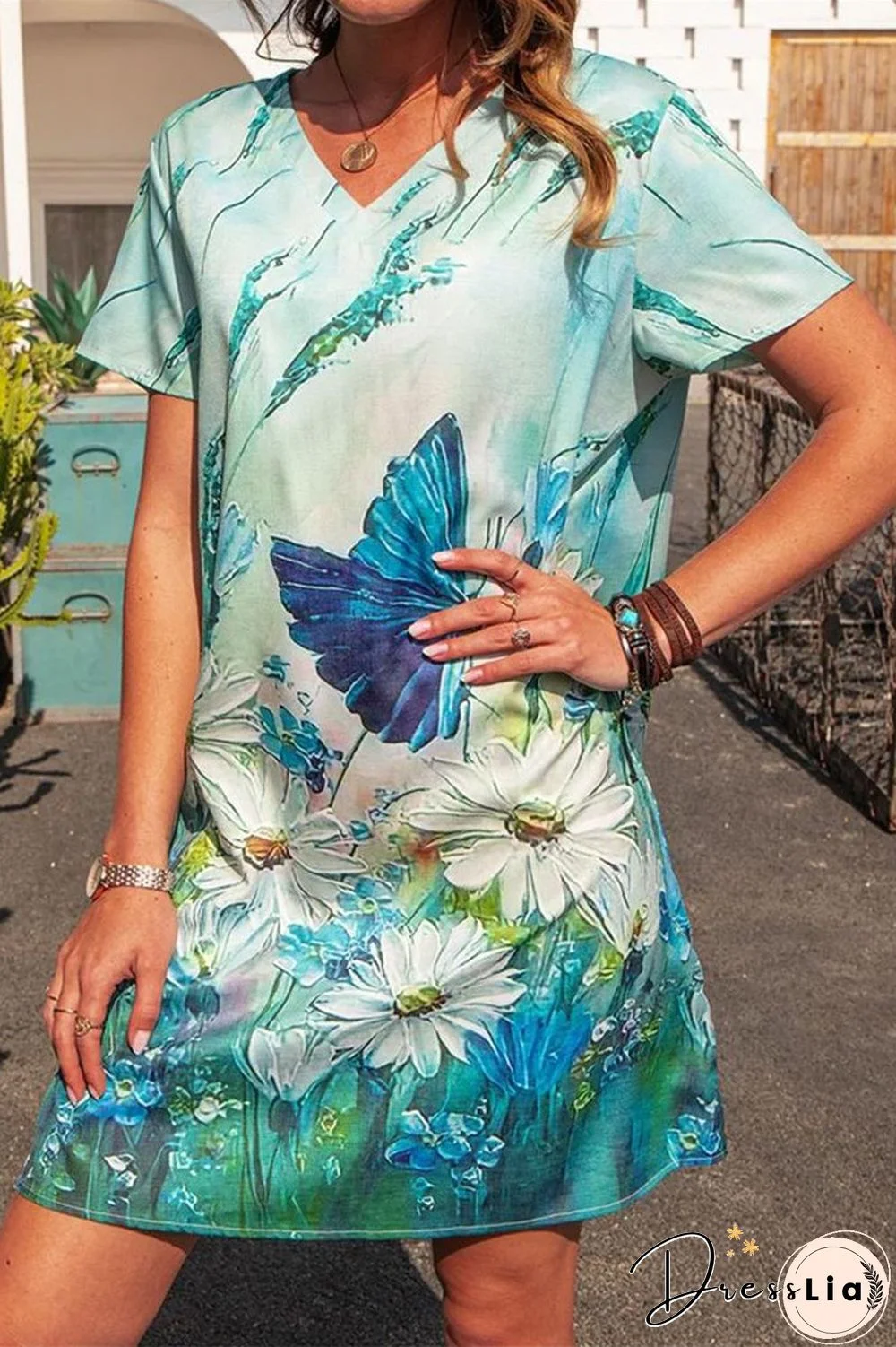 Short Sleeve V-Neck Floral Print Dress