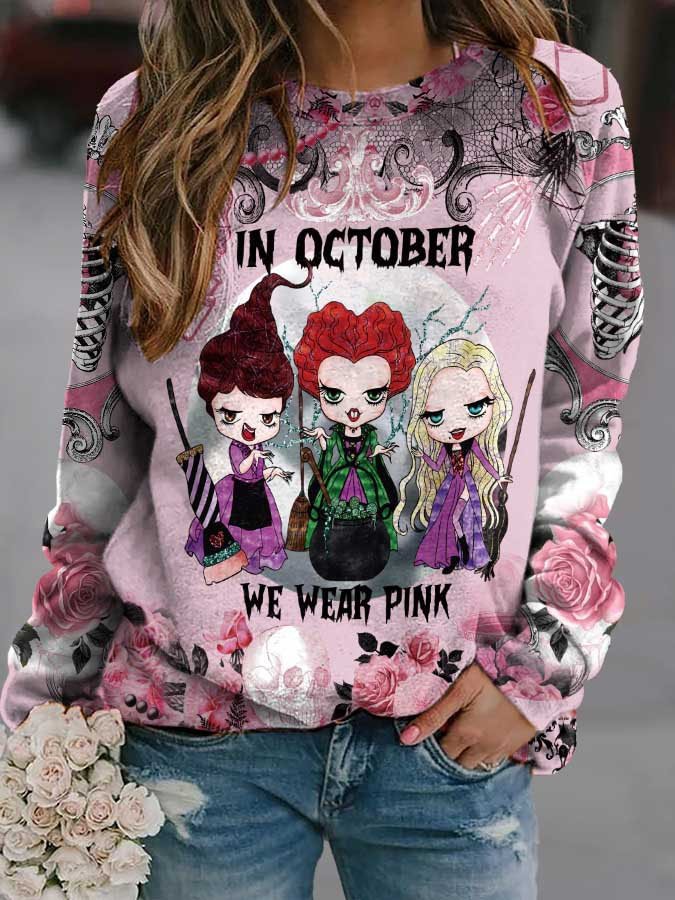 Breast Cancer Awareness Halloween Sisters In October We Wear Pink Print Sweatshirt
