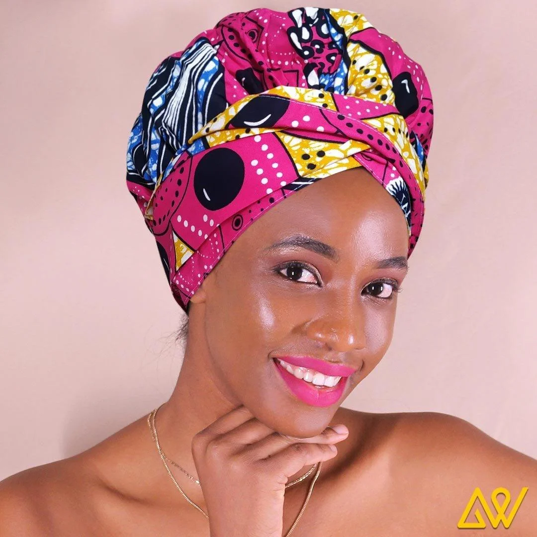 African Print Head Wrap With Satin-Lined(Pitaya) -AW1217