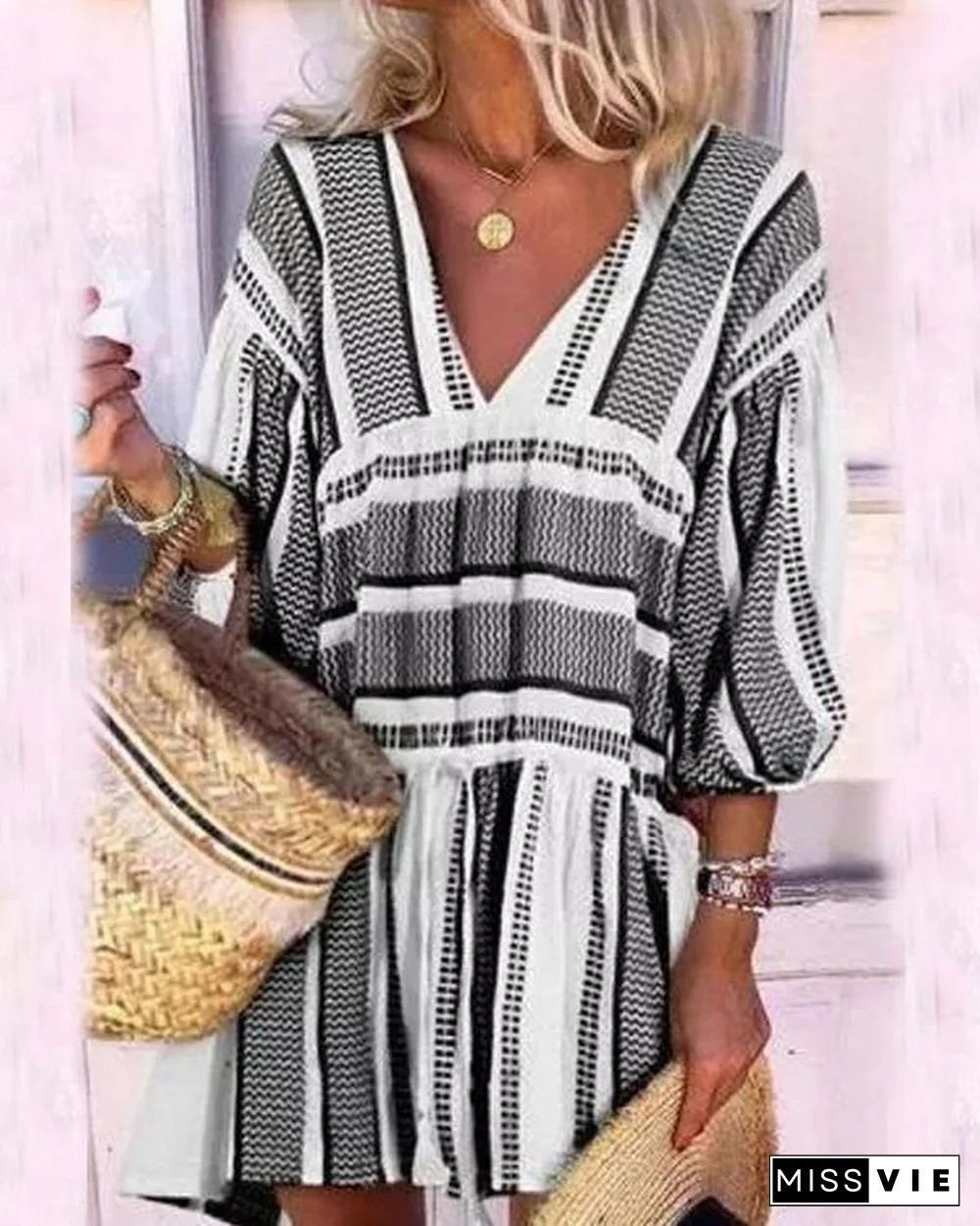3/4 Sleeve Striped Mini Dress