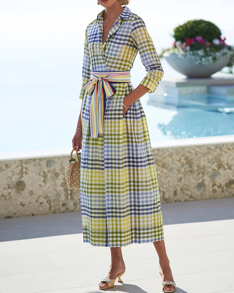 Vacation style lapel plaid print midi dress