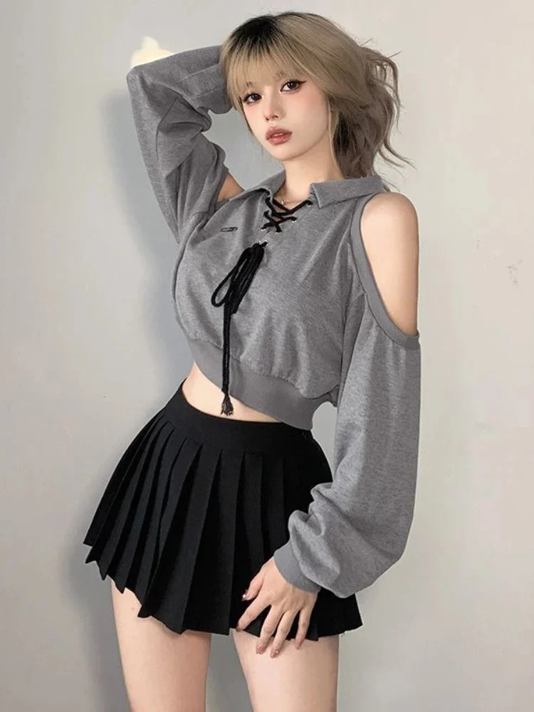 Tlbang Y2K Vintage Gray Cropped Hoodies Women Harajuku Sexy Off Shoulder Sweatshirts Korean Loose Casual Chic Tops Gothic Kpop
