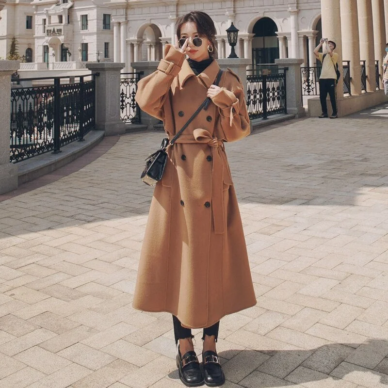 Brand New England Style Women Wool Blend Coat Double-Breasted with Belt Long Lady Overcoat Female Winter Outerwear