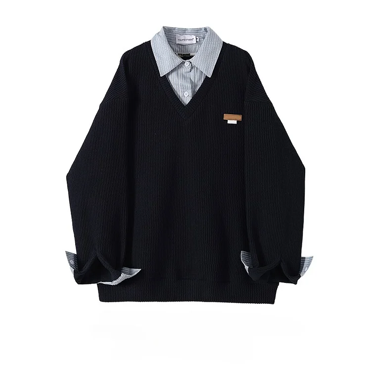 Traceeye Women's Polo Collar Fake Two-piece Sweaters Spring Autumn Spliced Shirt Striped Long-sleeved Casual Versatile Loose Pullover Top