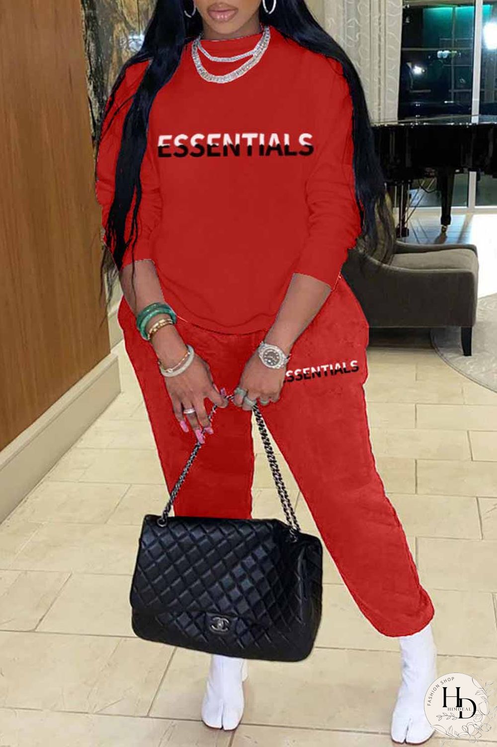 Red Casual Print Letter O Neck Long Sleeve Two Pieces