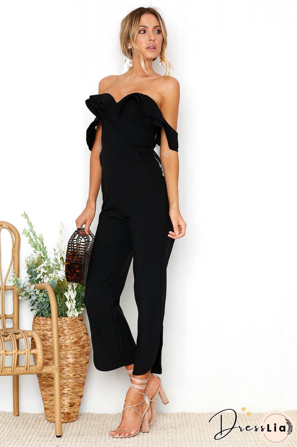 Black Sleeveless Plain Casual Off Shoulder Zip Back Jumpsuit